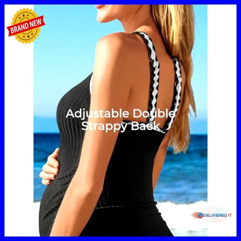 Maternity One Piece Swim Dress with Adjustable Skirt, Ribbed Fabric, Size 10